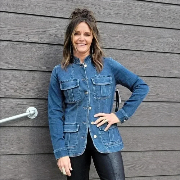 Liverpool Seamed Long Jean Jacket with Patch Pockets - Picture 1 of 10